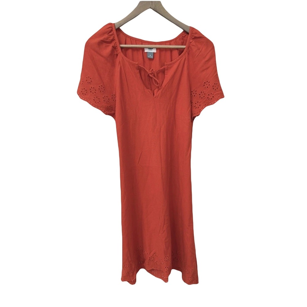 Old Navy Dress M Orange Linen Blend Eyelet Embroidered Scallop‎ Hem Split Neck